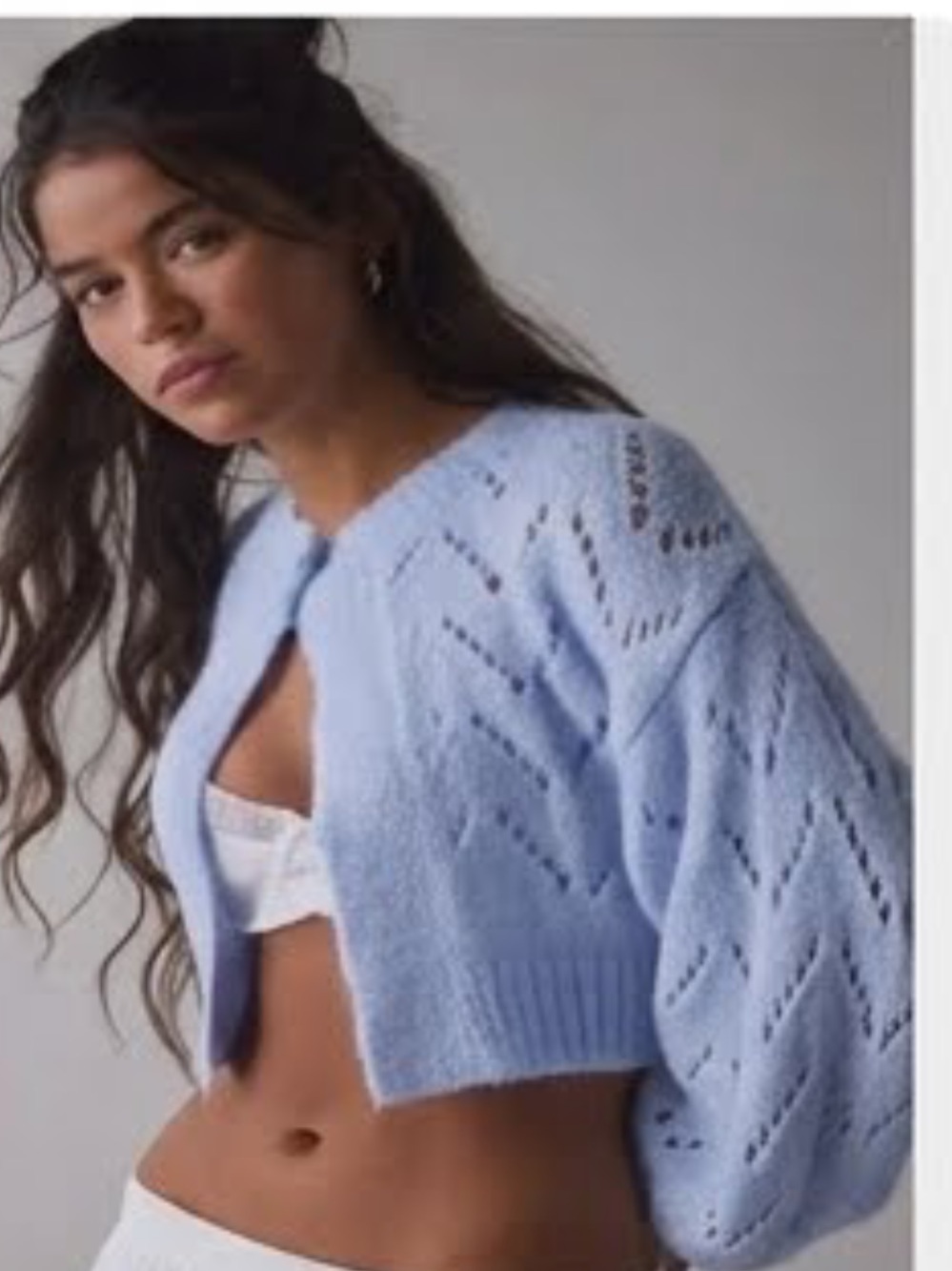 Kimchi Blue Powder Blue Pointelle Tie-Back Cropped Cardigan